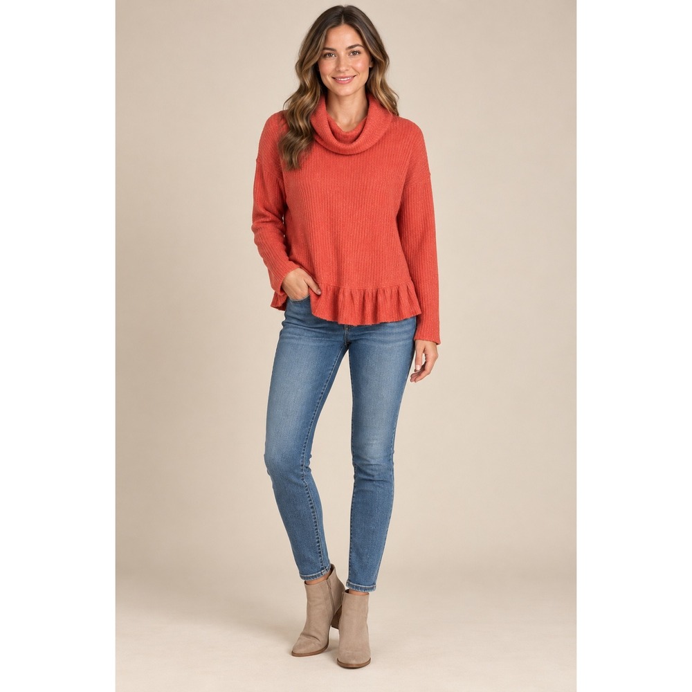 Maeve Anthropologie Womens Small Coral Cowl Neck Ruffle Hem Ribbed Sweater